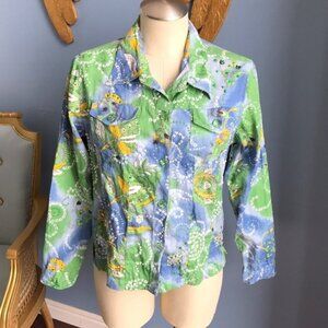 Y2K Keren Hart blue green yellow button down lightweight jean jacket size M